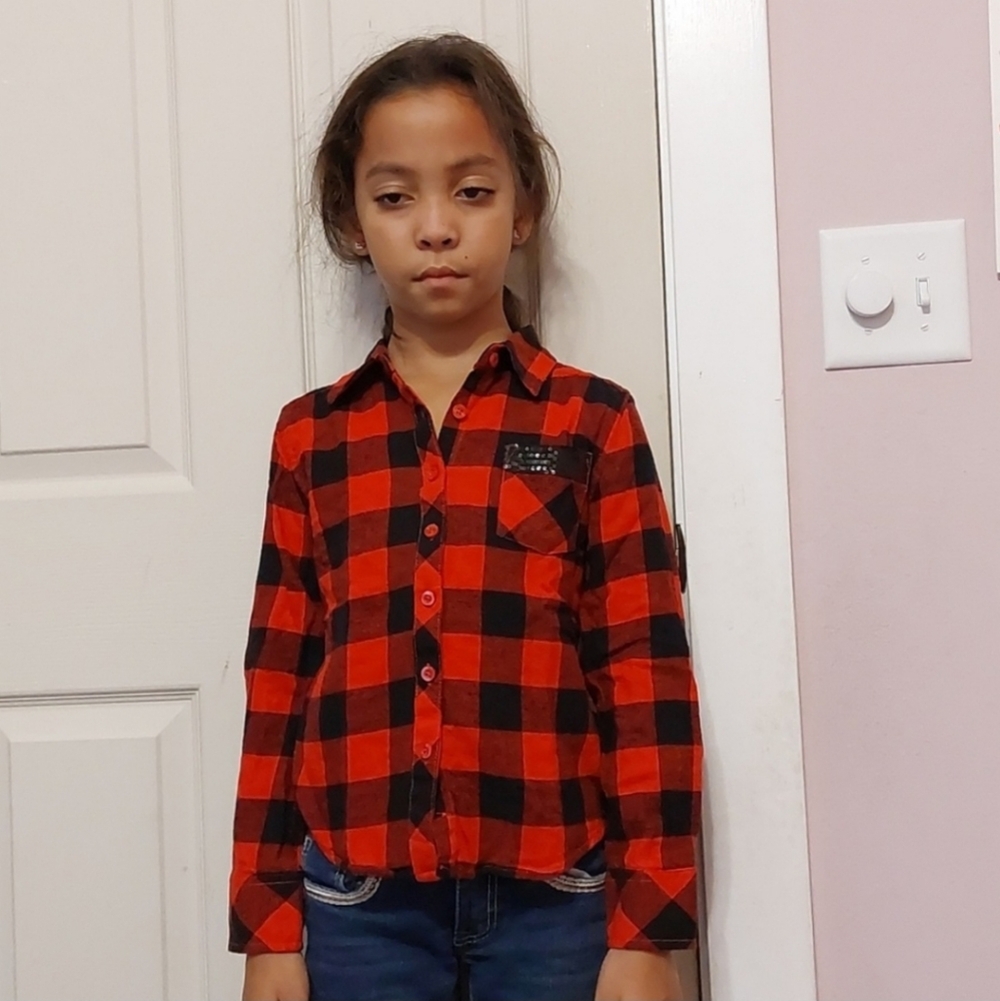 Route 66 Girls Black Red Plaid Long Sleeve Button Down Shirt Size M 7 8